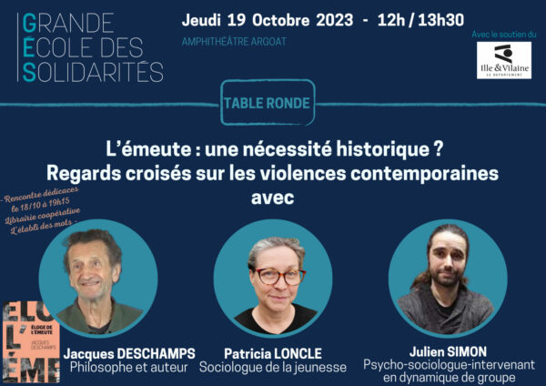 Affiche présentant la conférence avec les photos et fonctions des 3 intervenants